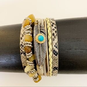 Metal Leaf Layered Animal Print Magnetic Bracelet